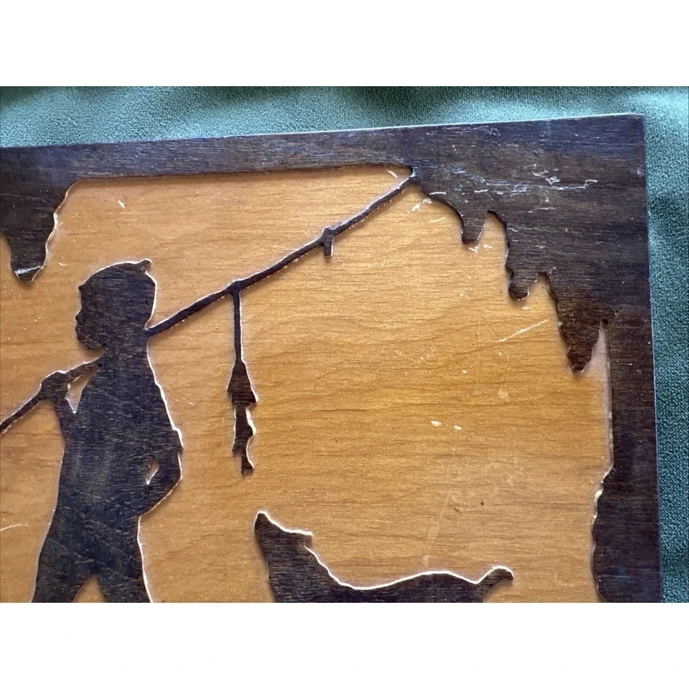 Vintage 1940's Wood Cut Boy Fishing With Dog Wall Art, HR Perryman, Englewood NJ